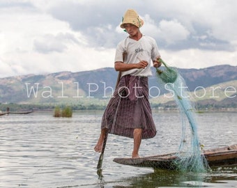 Fisherman on Inle Lake Poster, Fishing Boat, Myanmar Photography, Myanmar Art, Fisherman Gift, Asian Wall Art, Fine Art Photography Print
