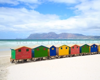 Colorful Beach Huts, Muizenberg Beach, Cape Town, South Africa, Beach Decor Wall Art Print, Beach Photography, Summer Photos, Red Green Blue