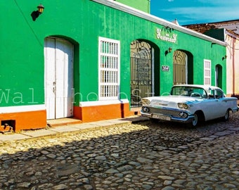 Vintage White Cuban Car, Trinidad, Cuba Photography, Car Photography, Cuba Print Art, Travel Photography, Cuban Car Photo, Cuban Wall Art,