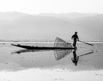 Fishing on Inle Lake, Traditional Burmese Fisherman, Myanmar Photography, Fisherman Boat, Inle Lake Poster, Fine Wall Art of Lake Inle,