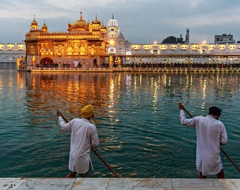 India Photography. Sacred Amritsar Scene: Sikhs at Golden Temple Holy Lake.