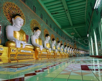 Buddha Photography Art Print, Golden Buddha Statues Row, Sagaing, Mandalay, Pagoda, Myanmar Photography, Asia Photography, Wall Art Print