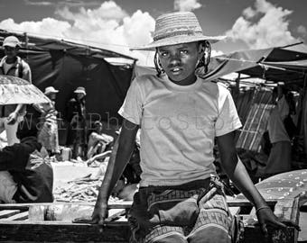 African Black and White Photography, African Girl in Straw Hat, Madagascar Photography, Girl Portrait, Fine Art Photography, Wall Art Print