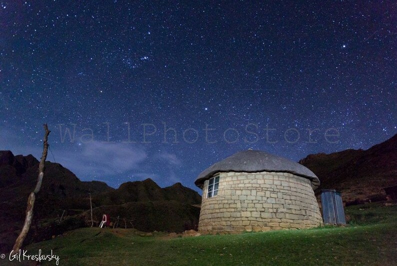 Lesotho Photography, Traditional African Hut, Lesotho Rondavel, Night Sky, South African Photography, Lesotho Prints, African Wall Art Print image 1