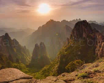 Panoramic Wall Art Photography, Huangshan Sunset, China Photography, Forest Mountain Photo, China Wall Art Print, 10x20, 12x24, 16x32, 20x40