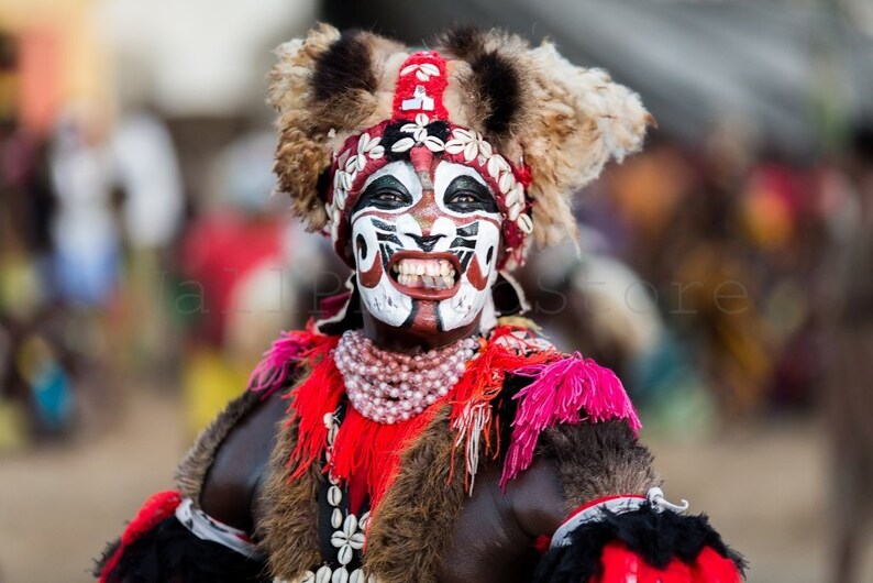 African Photography: Traditional Senegalese Dancer with Tribal Makeup and Blade in Mouth, African Face Painting, Fine Wall Art image 1