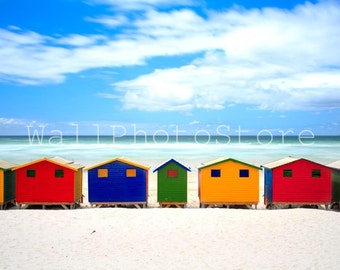 Beach Photography, Colorful Beach Huts, Cape Town Photos, South Africa Photography, Summer Photo, Beach Poster, Multicolored Wall Art Prints