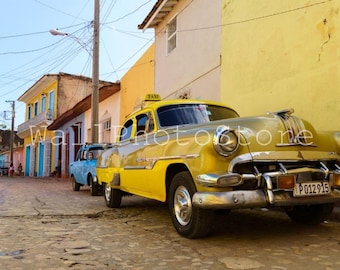 Cuba Photography, Old Yellow American Car Taxi, Car Photography, Car Poster, Cuba Print Art, Cuban Taxi, Cuban Vintage Car, Cuba Taxi Art