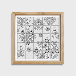 May include: Black and white cross-stitch pattern with geometric designs and birds. The pattern is divided into 16 squares, each with a different design.