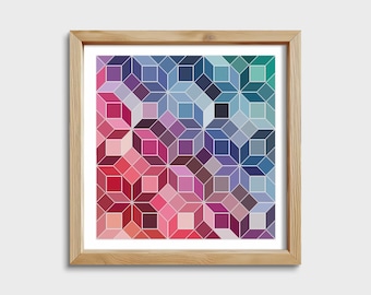 Quiltpatroon regenboog getelde kruissteek roze en blauw