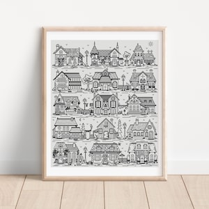 Könnte beinhalten: Ein gerahmter Druck mit einer detaillierten Schwarz-Weiß-Illustration verschiedener Häuser. Das Kunstwerk zeigt eine Sammlung verschiedener Hausentwürfe, jeder mit einzigartigen architektonischen Details, angeordnet in einem Raster. Der Druck befindet sich in einem hellen Holzrahmen.