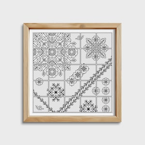 May include: Black and white cross stitch pattern featuring a variety of floral and geometric designs. The pattern is divided into 16 squares, each with a different design.