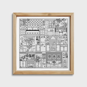 Könnte beinhalten: Eine Schwarzweiß-Zeichnung eines Hausinneren mit mehreren Räumen, darunter ein Schlafzimmer, eine Küche, ein Wohnzimmer und ein Badezimmer. Jeder Raum ist mit Möbeln und Accessoires eingerichtet.