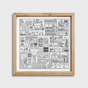 Puede incluir: Impresión en blanco y negro de arte lineal de una escena de oficina detallada, enmarcada en madera clara. La ilustración representa múltiples niveles de espacios de oficina con escritorios, armarios, plantas y varios suministros de oficina. Una obra de arte caprichosa y detallada.