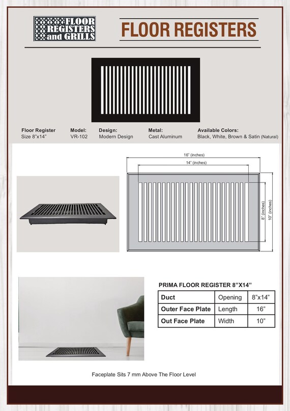 Floor Register / Vents u0026 Air Return Grills 8 X 14 VR-102 - Etsy