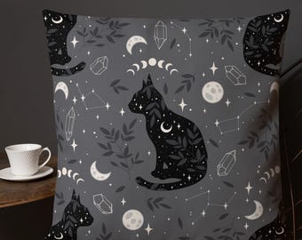 Almohada de gato celestial / Fases lunares, estrellas y cristales