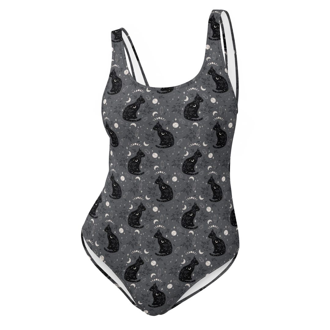 Pink Silhouette Cat Print One Piece Swimsuite