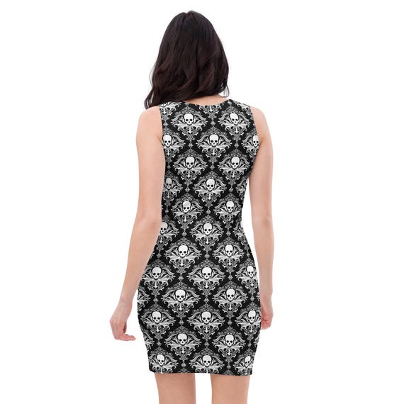 skull print bodycon dress Women's Pink Floral Skull Zip Front Bodycon Long Sleeve Dress