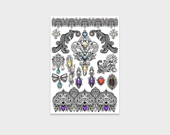 Tatuajes temporales de encaje con pegatinas corporales de cristal.