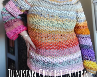 Tunisian Crochet PATTERN for Sweater using Scraps of Yarn. Stash buster Project Cardigan. Free Video Tutorial. Raglan Yoke top down Shirt