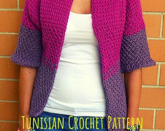 Tunisian Crochet PATTERN for Cardigan in bicolor. Clothing Tutorial for Jacket with 3/4 sleeves. Easy to follow Guide. Fashion diy in Wool
