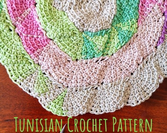 PATTERN Tunisian Crochet Centrepiece Doily. Spiraling round Design. Short Rows Technique. Free Video Tutorial showing how to make it. Scraps