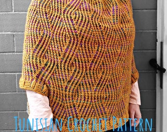 Tunisian Crochet PATTERN for Poncho with short Sleeves. Cape with Cuffs. Wavy leafy embossed Afghan crochet. Brioche Knitting. Free Videos