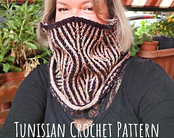 Tunisian Crochet PATTERN for Cowl in Brioche, Knit looking Design. Leaf Motifs, free Video Tutorial shows the Technique. Impressive Look diy