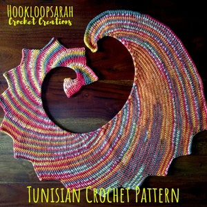 PATTERN in Tunisian Crochet for Dragon Tail Wingspan Shawl. Knit look Design. Easy Instructions with Video Tutorial. Scarf Shawlette. DIY