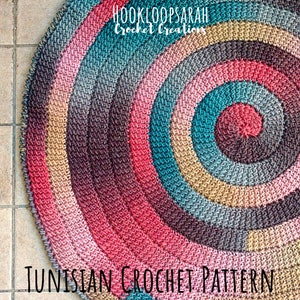 PATTERN for Tunisian Crochet Spiral Rug. Vortex look, Size adjustable to Blanket. Self striping yarn. Easy Instructions, Link to Video