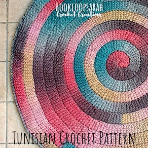 PATTERN for Tunisian Crochet Spiral Rug. Vortex look, Size adjustable to Blanket. Self striping yarn. Easy Instructions, Link to Video image 1