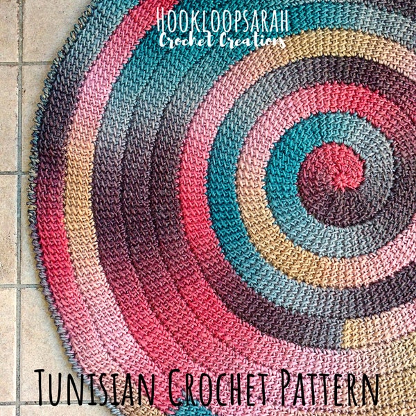 PATTERN for Tunisian Crochet Spiral Rug. Vortex look, Size adjustable to Blanket. Self striping yarn. Easy Instructions, Link to Video