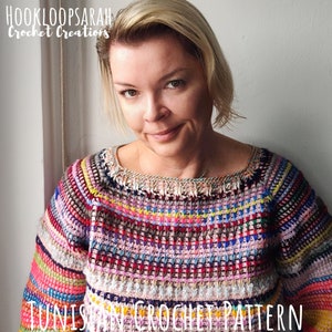 Tunisian Crochet PATTERN for Sweater using Scraps of Yarn. Raglan Yoke Ribbing. Tunisian Rib + Simple Stitch. Clear Instructions with Chart