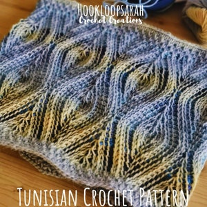 Tunisian Crochet PATTERN for Cowl in leafy design. Knit-look Brioche similar Technique. Impressive embossed relief Design. Simple stitches