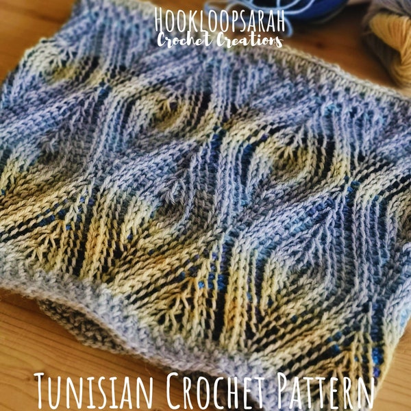 Tunisian Crochet PATTERN for Cowl in leafy design. Knit-look Brioche similar Technique. Impressive embossed relief Design. Simple stitches