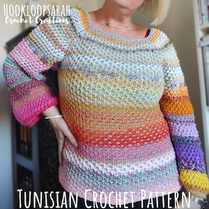 May include: A colorful striped crochet top with a wide neckline. The top is made using a Tunisian crochet stitch. The text "TUNISIAN CROCHET PATTERN" is at the bottom of the image.