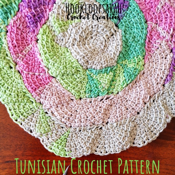 PATTERN Tunisian Crochet Centrepiece Doily. Spiraling round Design. Short Rows Technique. Free Video Tutorial showing how to make it. Scraps