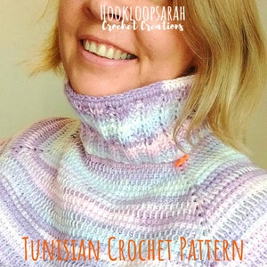 Tunisian Crochet PATTERN for Raglan Turtleneck Sweater in Simple Stitch. Easy top down Jumper in colorful Yarn. Ribbed Neckline. Quick to do image 1