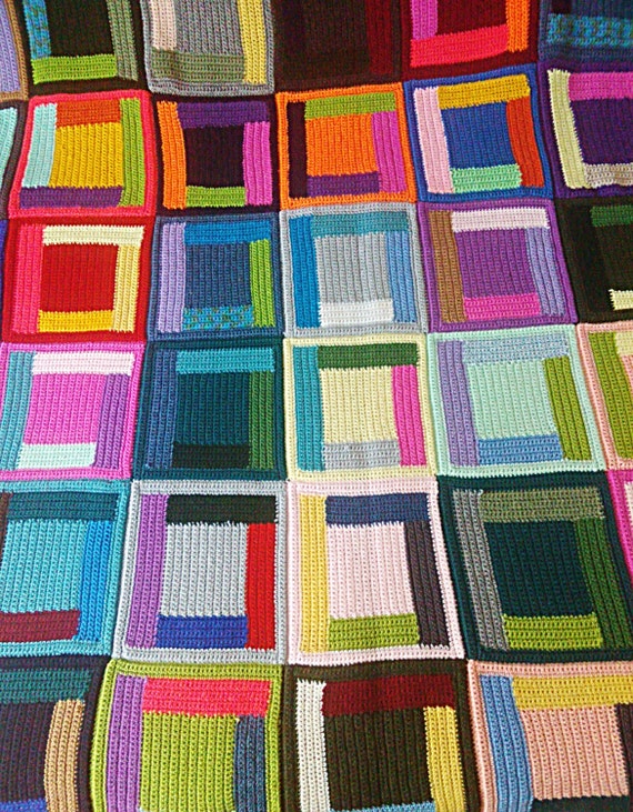Artistic Couch Cover Crochet Log Cabin Blanket Geometric Colorful