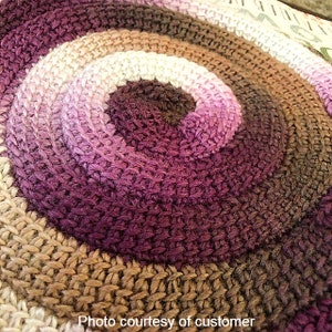 PATTERN for Tunisian Crochet Spiral Rug. Vortex look, Size adjustable to Blanket. Self striping yarn. Easy Instructions, Link to Video image 2
