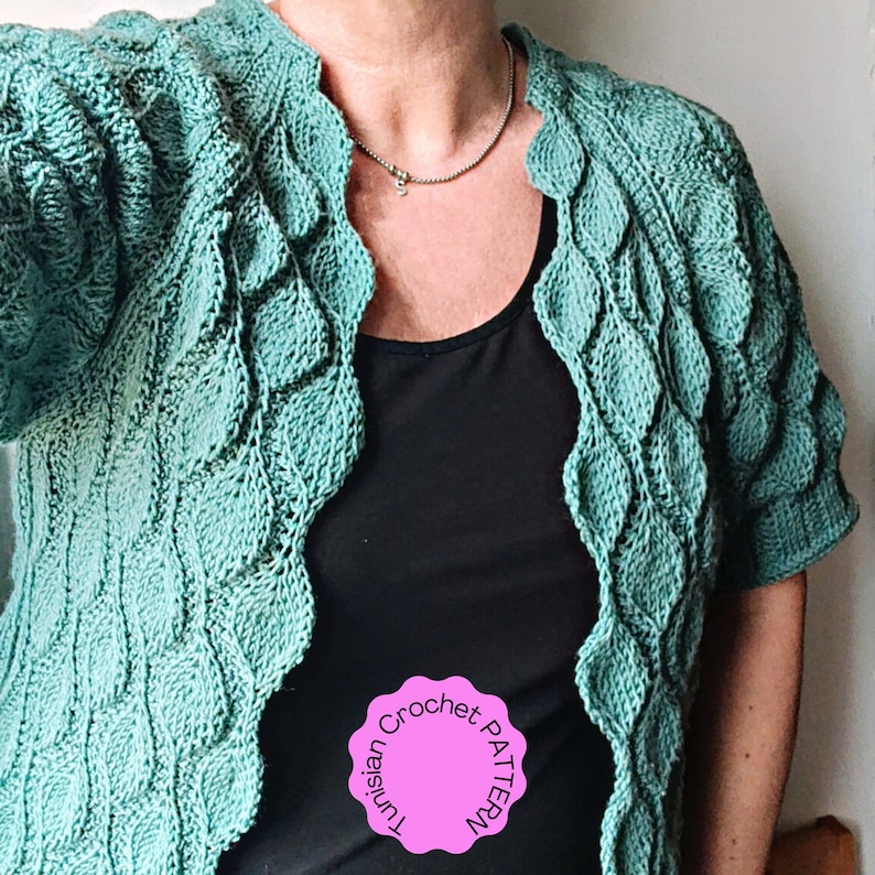 Tunisian Crochet PATTERN for cropped Cardigan. Leaf Spades Motif. Brioche Design. Free Video Tutorial, easy Instructions. Embossed Leaves image 1