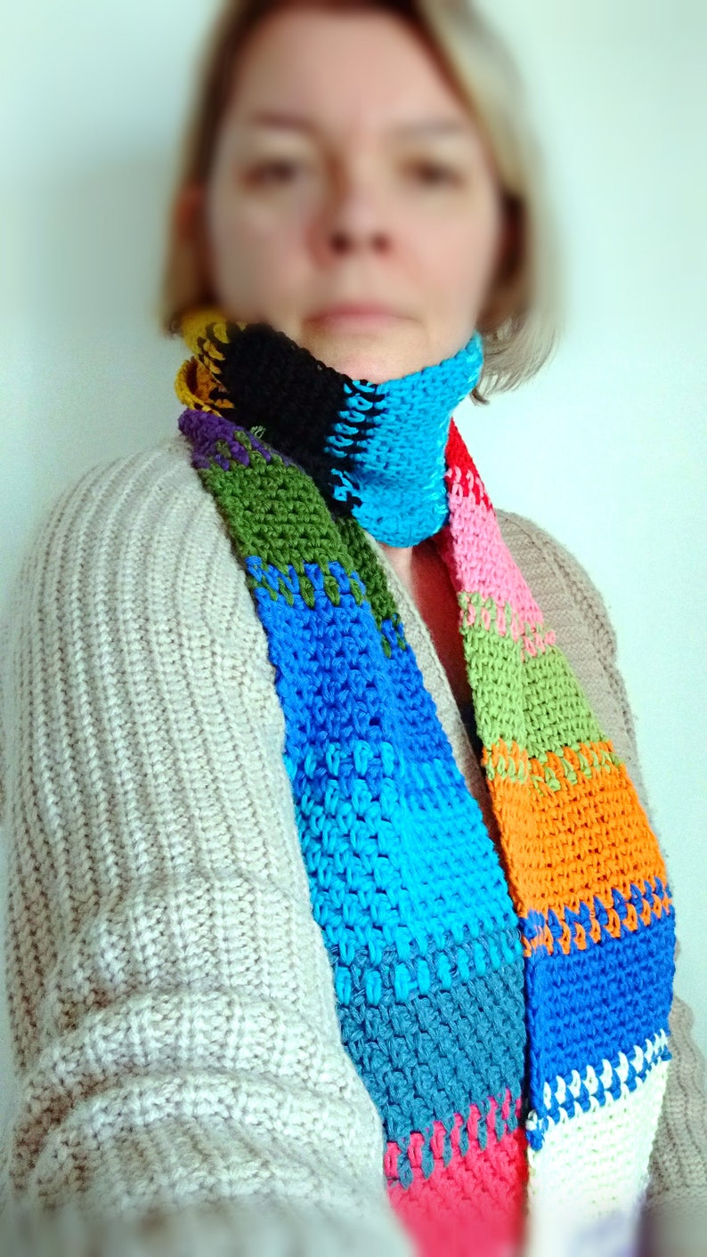 Crochet Scarf Pattern, Colorful Cotton Moss Stitch (PDF Pattern) afbeelding 8