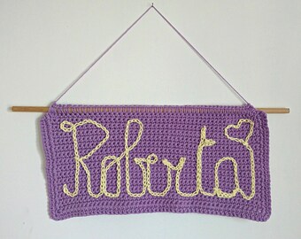 Crocheted Names Plate Wall Art, Name Banner Address Plaque, Festoon Tag Garland, Hanging Sign, surprise Party written Letter House Decor