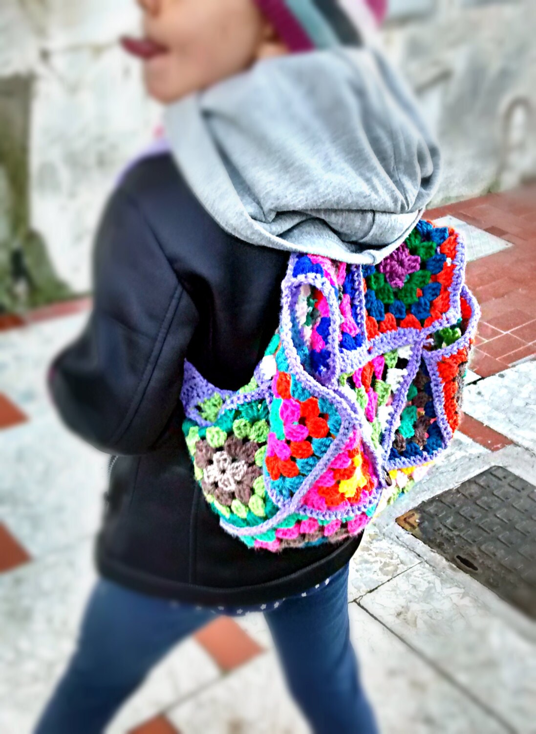 BORSA ZAINO ZAINETTO mattonelle granny square borsetta uncinetto EUR 39,90  - PicClick IT