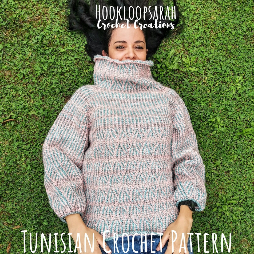 Tunisian Crochet PATTERN for Turtleneck Sweater in Leafy Design