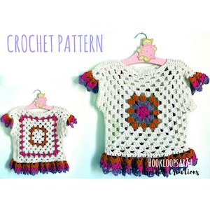 Crochet PATTERN Girl granny square Sweater. Baby clothing with Ruffles. Any Size written Tutorial with Pictures Charts. Easy Beginner level.