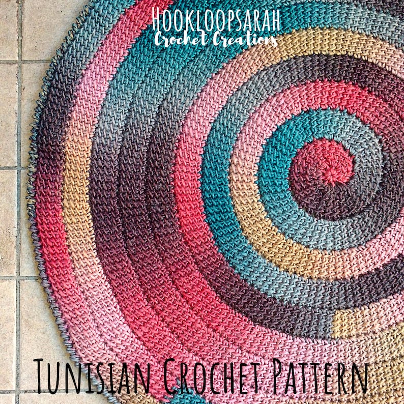 PATTERN for Tunisian Crochet Spiral Rug. Vortex look, Size adjustable to Blanket. Self striping yarn. Easy Instructions, Link to Video image 1