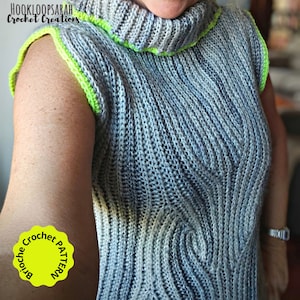 Brioche Crochet PATTERN for Vest with Turtleneck and leafy Design. Side to Side Construction. Fully reversible. Free Video Tutorial Top