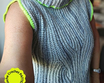 Brioche Crochet PATTERN for Vest with Turtleneck and leafy Design. Side to Side Construction. Fully reversible. Free Video Tutorial Top