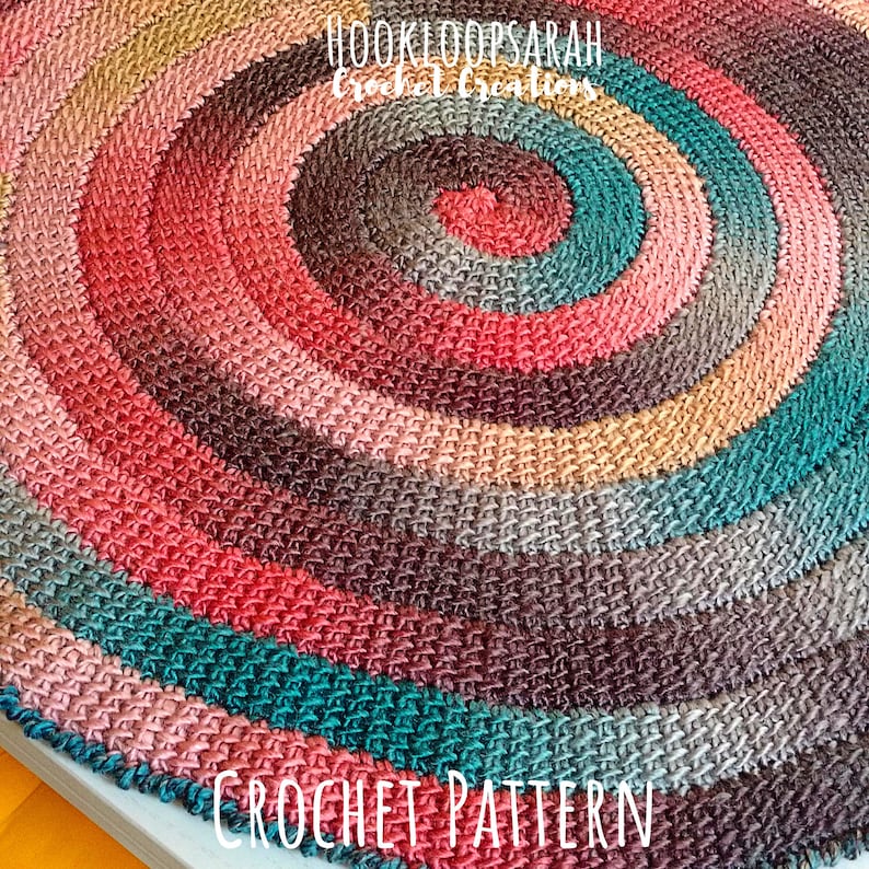 PATTERN for Tunisian Crochet Spiral Rug. Vortex look, Size adjustable to Blanket. Self striping yarn. Easy Instructions, Link to Video image 6
